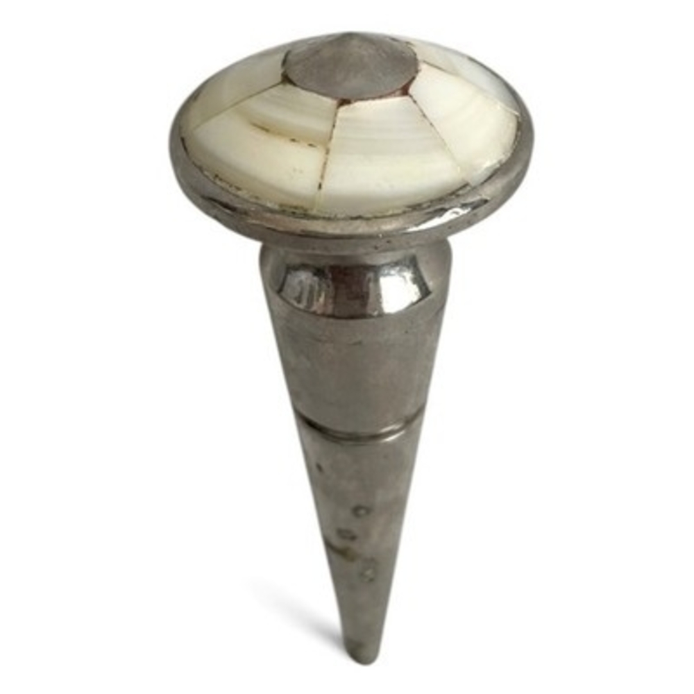 Vintage Silver Metal Wine Bottle Stopper with Marble/Bone Inlay Top 4"